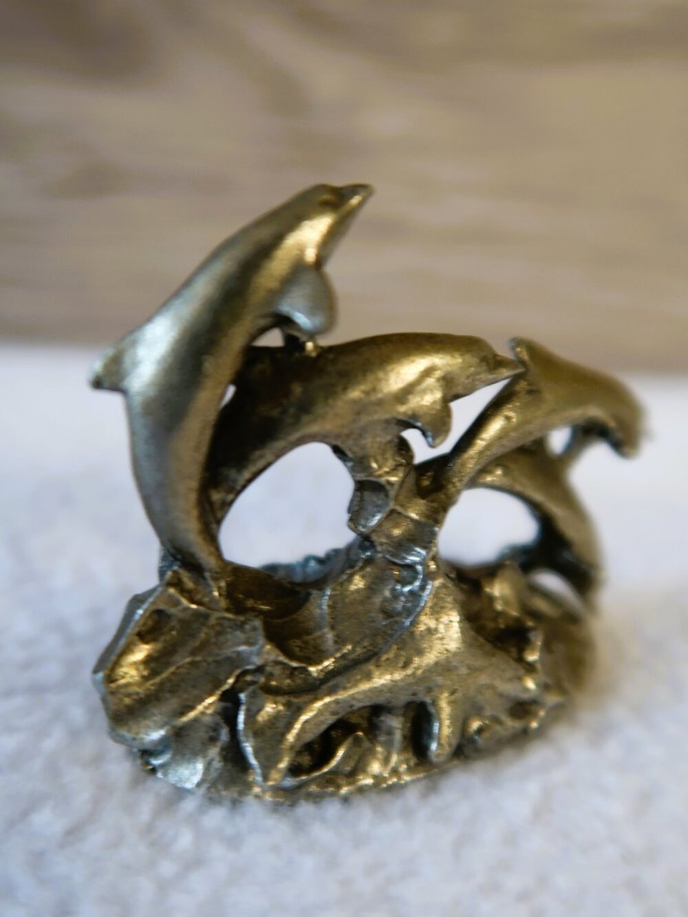 Vintage Pewter 4 Dolphins Jumping Waves Mini Figurine Sculpture 1.5 inch
